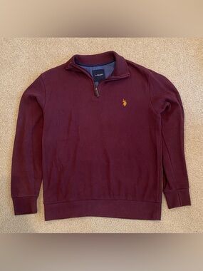 US Polo Assn Mens Burgundy Quarter Zip Sweatshirt Embroidered Pony Logo Size L